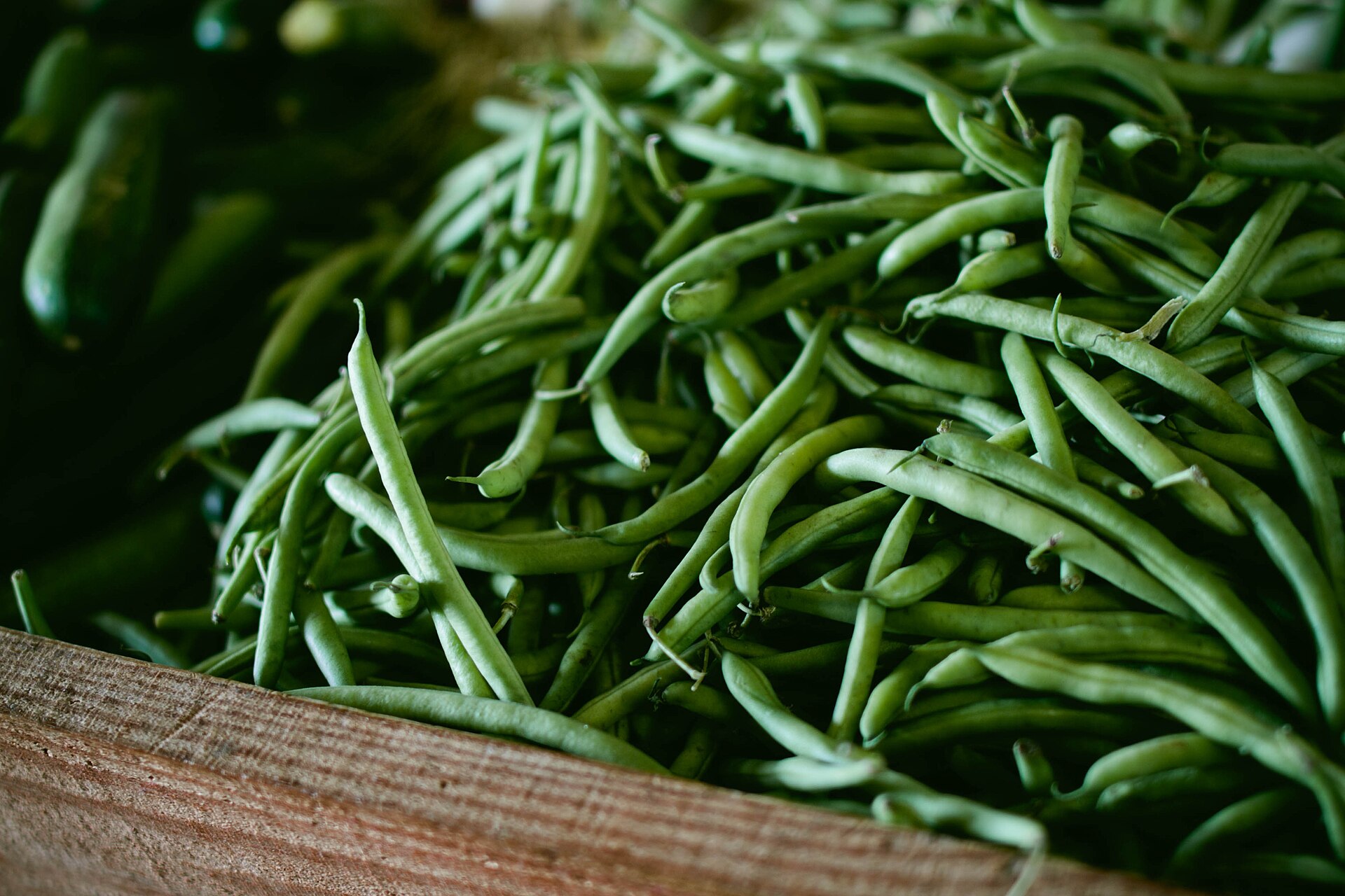 Fresh green beans arranged on a kitchen surface