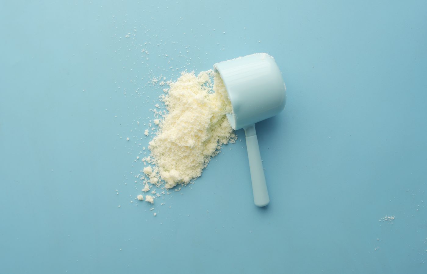 White powder spilled from a scoop on bright blue background. Clean and minimalistic food photo.
